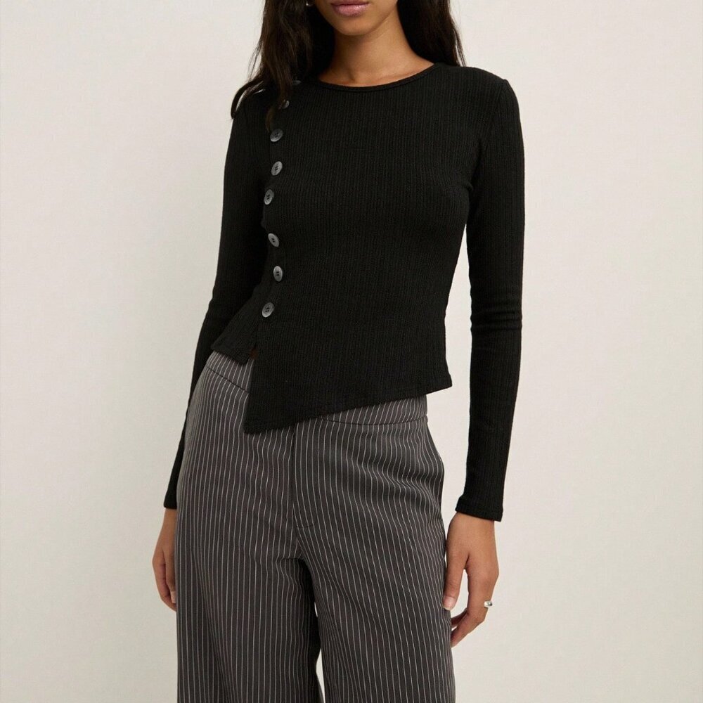 Black Casual Women's Ribbed Long Sleeve Top with Statement Buttons